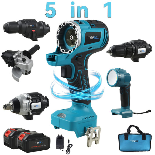 18V Accuset 5-in-1 Multitool – Borstelloze Klopboor – Slagschroevendraaier – Haakse Slijper – Elektrische Moersleutel – Inclusief 2x 4,0Ah Batterijen en LED Verlichting – Draagbare Accu Gereedschapset Voor Metaal en Houtbewerking
