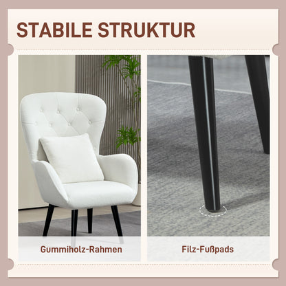 Fauteuil Gestoffeerd – Relaxfauteuil – Lounge Stoel – Leunstoel – Teddy Fauteuil – Wit – Diamond Quilting – Inclusief Sierkussen – 88x75x106 cm