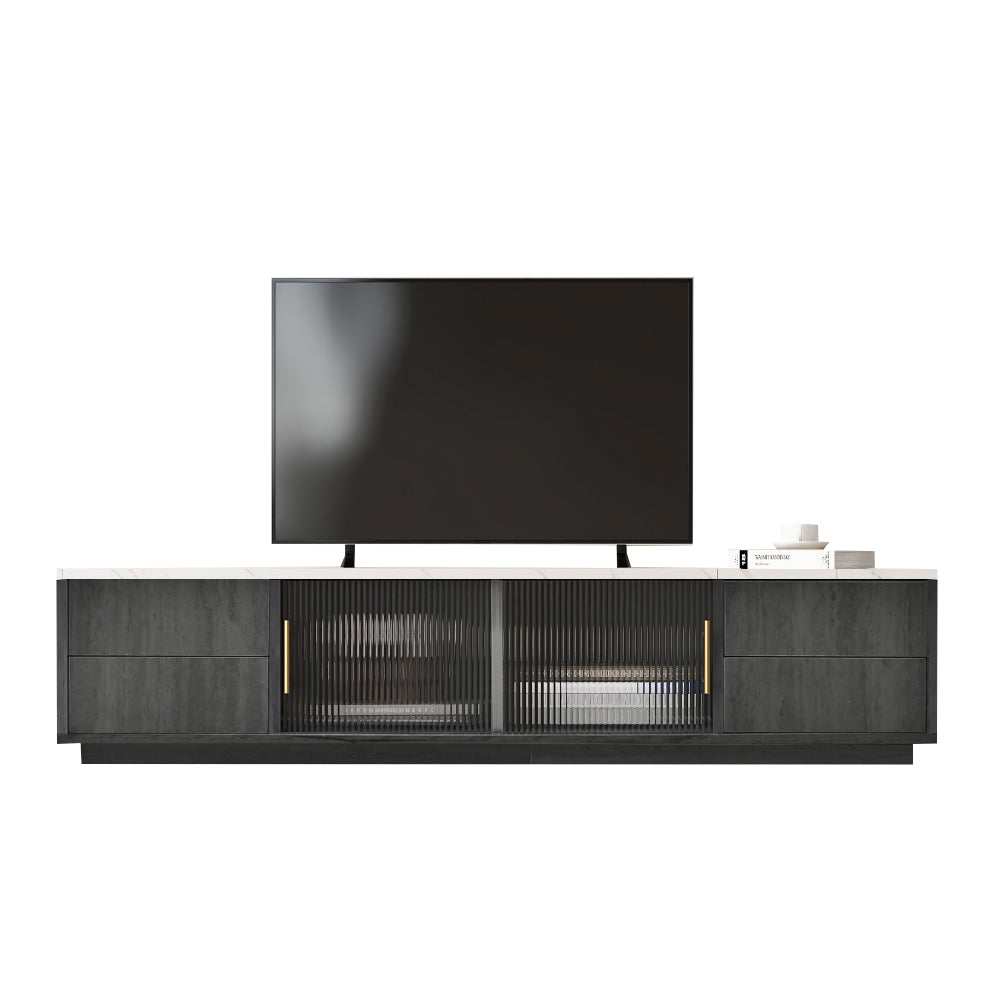 Modern Luxury TV Stand for 70-inch TVs Compatible for 165.1/190.5/177.8 cm Screens - Heavy-Duty Metal Frame with Marble-Patterned Tabletop, Cable Management System & Push-to-Open Drawers - Non-Wood Media Console for Large TVs
