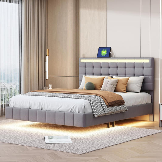 Bedframe – Gestoffeerd Bed – Tweepersoonsbed – Opbergbed – Led-bed – 140x200 cm – Linnen Bekleding – Usb Oplaadstations