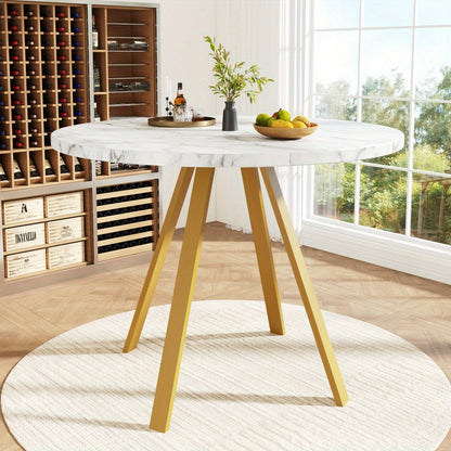 Ronde Eettafel – Ronde Tafel – Keukentafel – Eettafel 4 Personen – Koffietafel – Metalen Gouden Poten – Witte Marmerlook – 80x80x75 cm