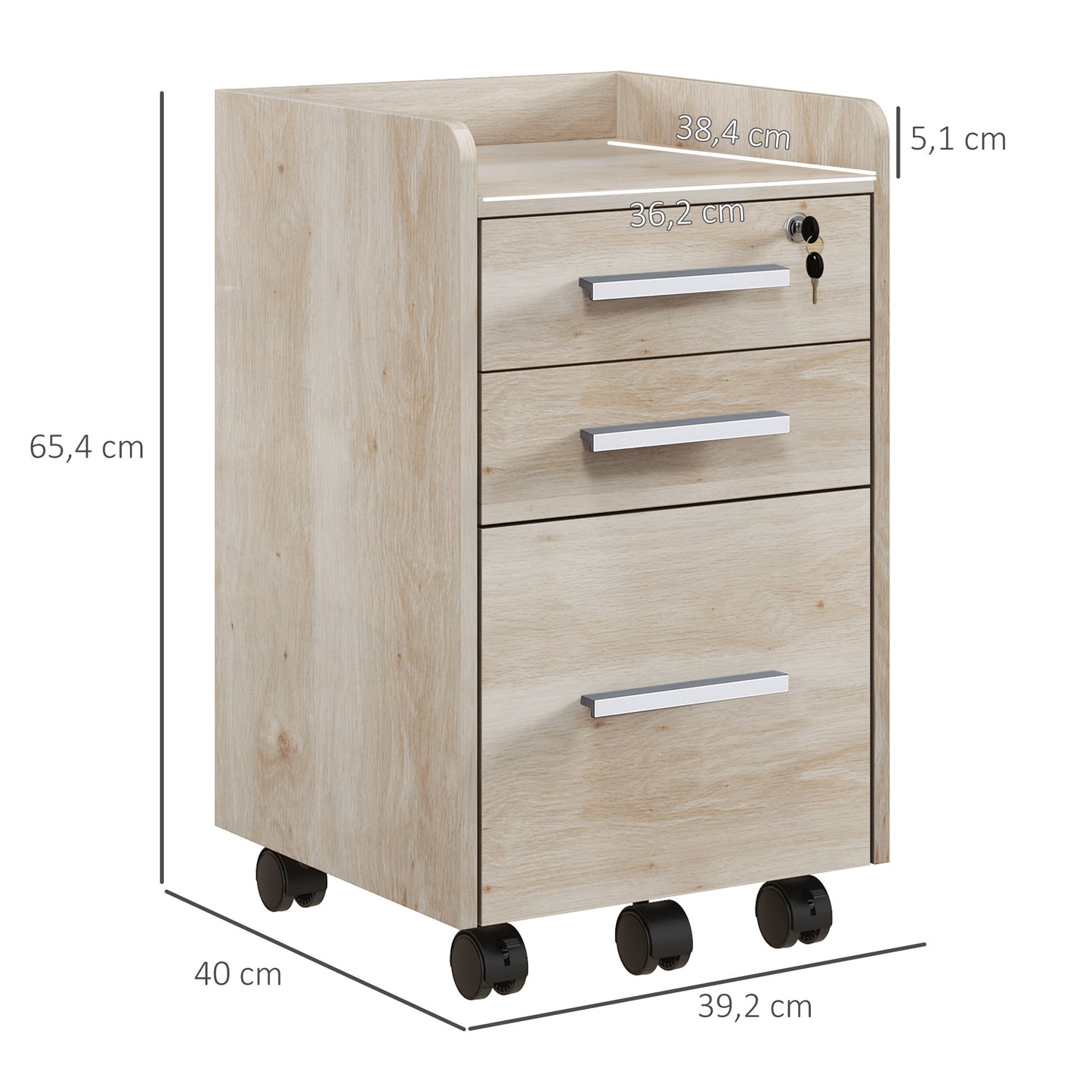 Ladeblok – Ladekast – Rolcontainer – Archiefkast – Opbergkast – Mobiel Met Slot – MDF En Spaanplaat – Beige – 39,2x40x65,4 cm