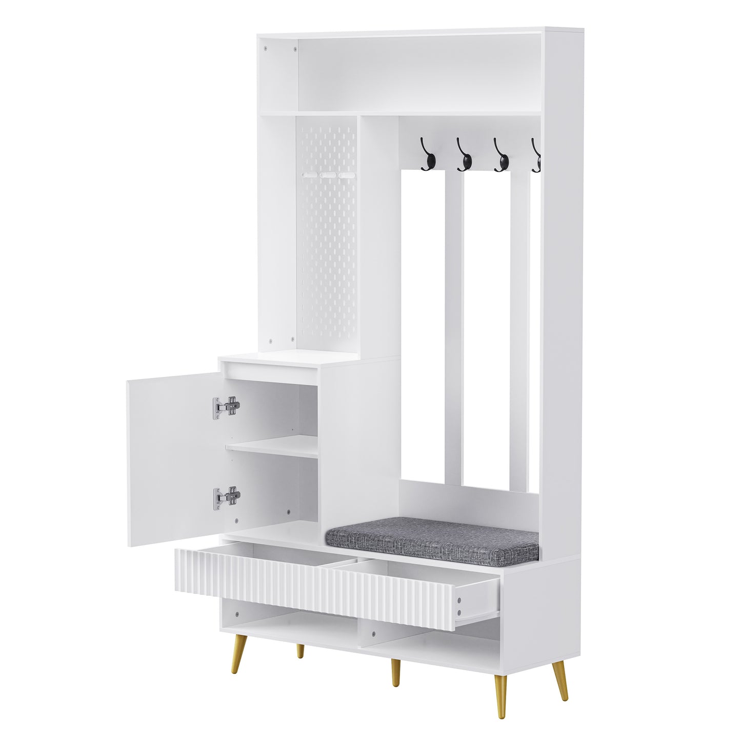 Garderobekast – Kapstok – Schoenenkast – Schoenbank – Halmeubel – 6-in-1 Multifunctioneel – MDF Wit – 100x35x180 cm – Anti-Kantel Veiligheid