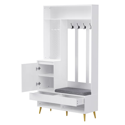 Garderobekast – Kapstok – Schoenenkast – Schoenbank – Halmeubel – 6-in-1 Multifunctioneel – MDF Wit – 100x35x180 cm – Anti-Kantel Veiligheid