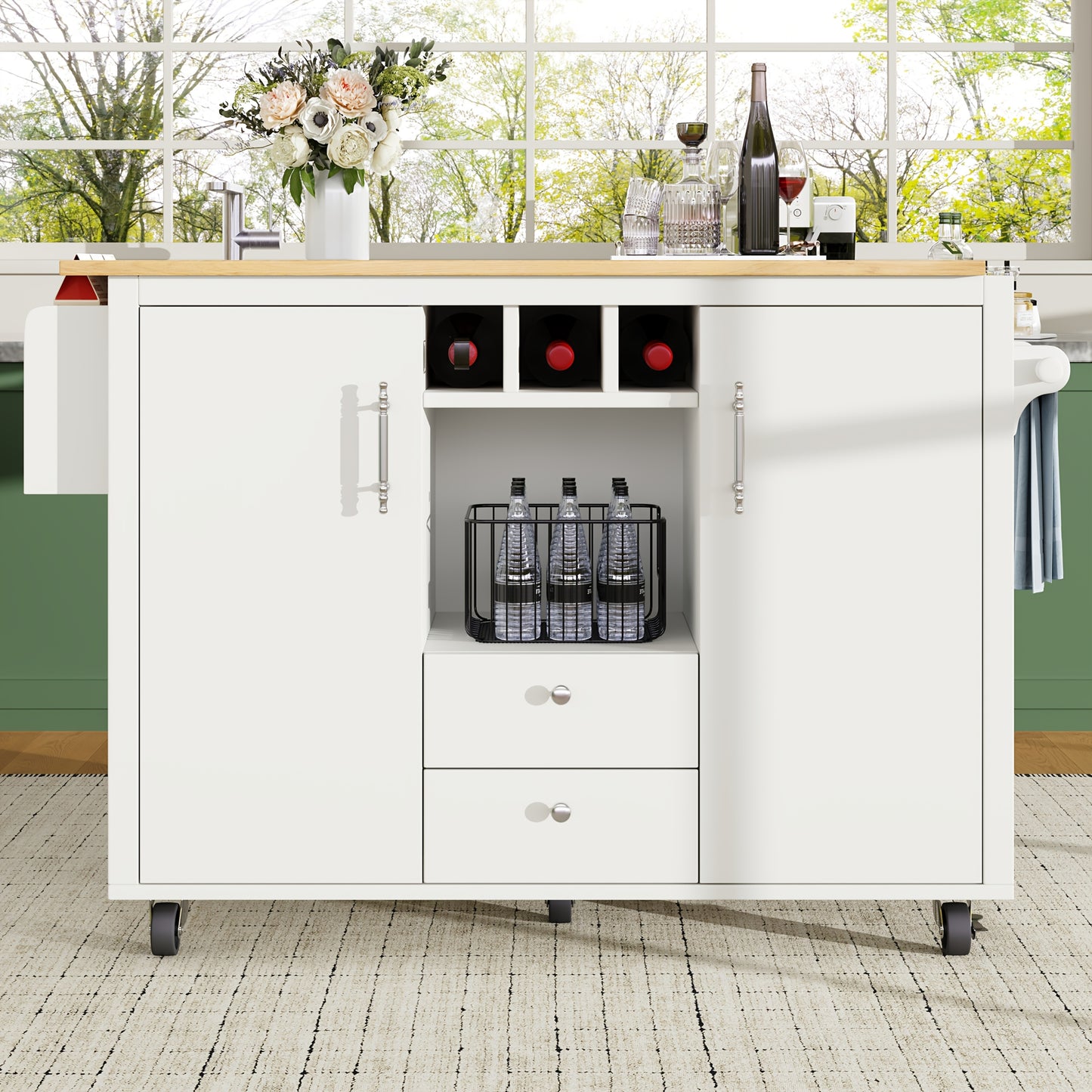 All-in-One Kitchen Island Buffet Cabinet with Folding Worktop, Heavy-Duty Non-Wood Construction, Adjustable Shelves, Wine Rack (Holds 4 Bottles), Door Shelf, Towel Rack - Space-Saving Mobile Kitchen Trolley for Small Kitchens