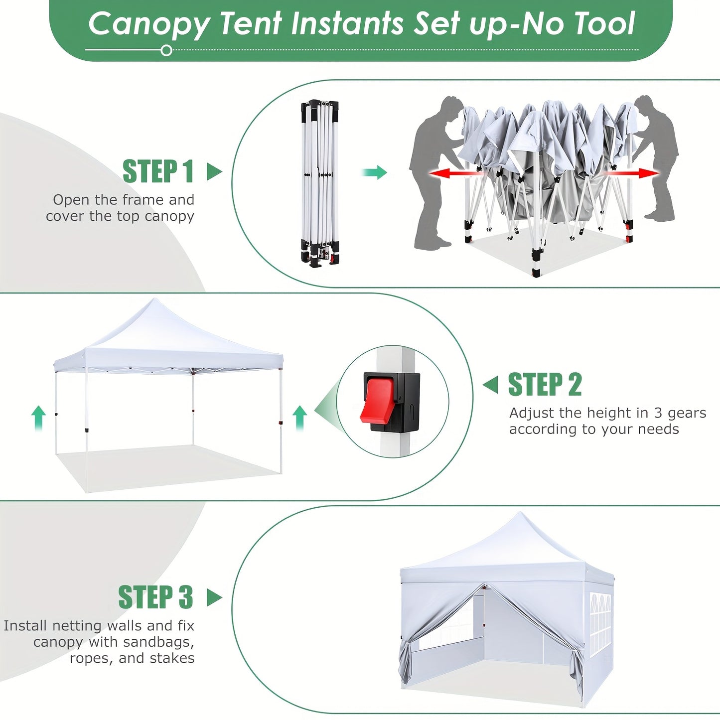 Partytent – Paviljoen – Tuintent – Paviljoen Tent – Overkapping – Pop-up – 3,05x3,05 m – Verstelbare Hoogte – Inclusief 4 Zijwanden