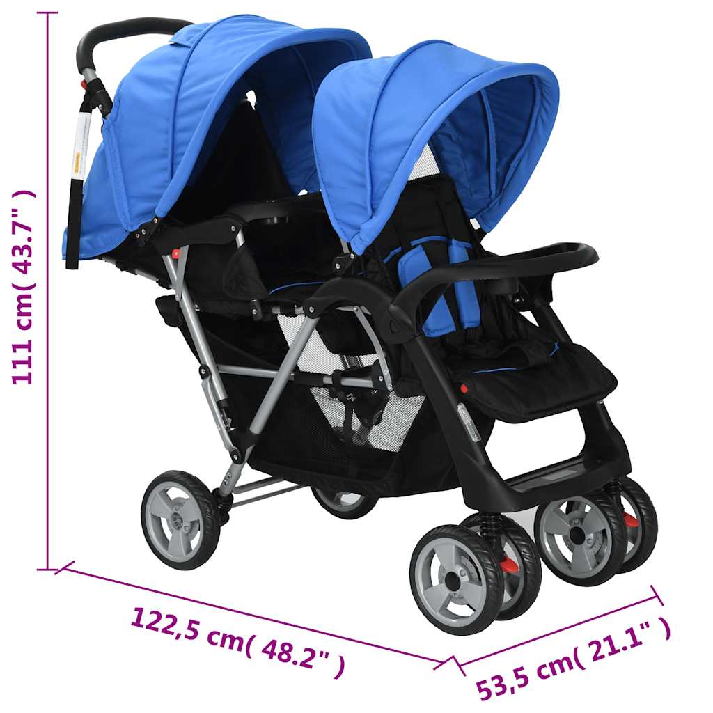 Buggy – Kinderwagen – Wandelwagen – Plooibuggy – Reisbuggy – Dubbele Zitting – Stalen Frame – Inclusief Zonnekappen – Tot 15 kg – Compact Inklapbaar – Blauw