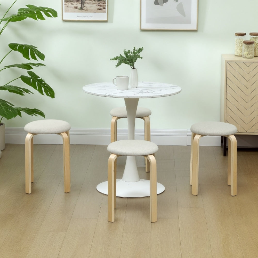 Kruk – Krukje – Stoel – Hocker – Set Van 4 – Crème Wit Linnenstof – Stapelbaar – Zachte Gewatteerde Zitting – Solide Rugleuning – Gelakt Frame