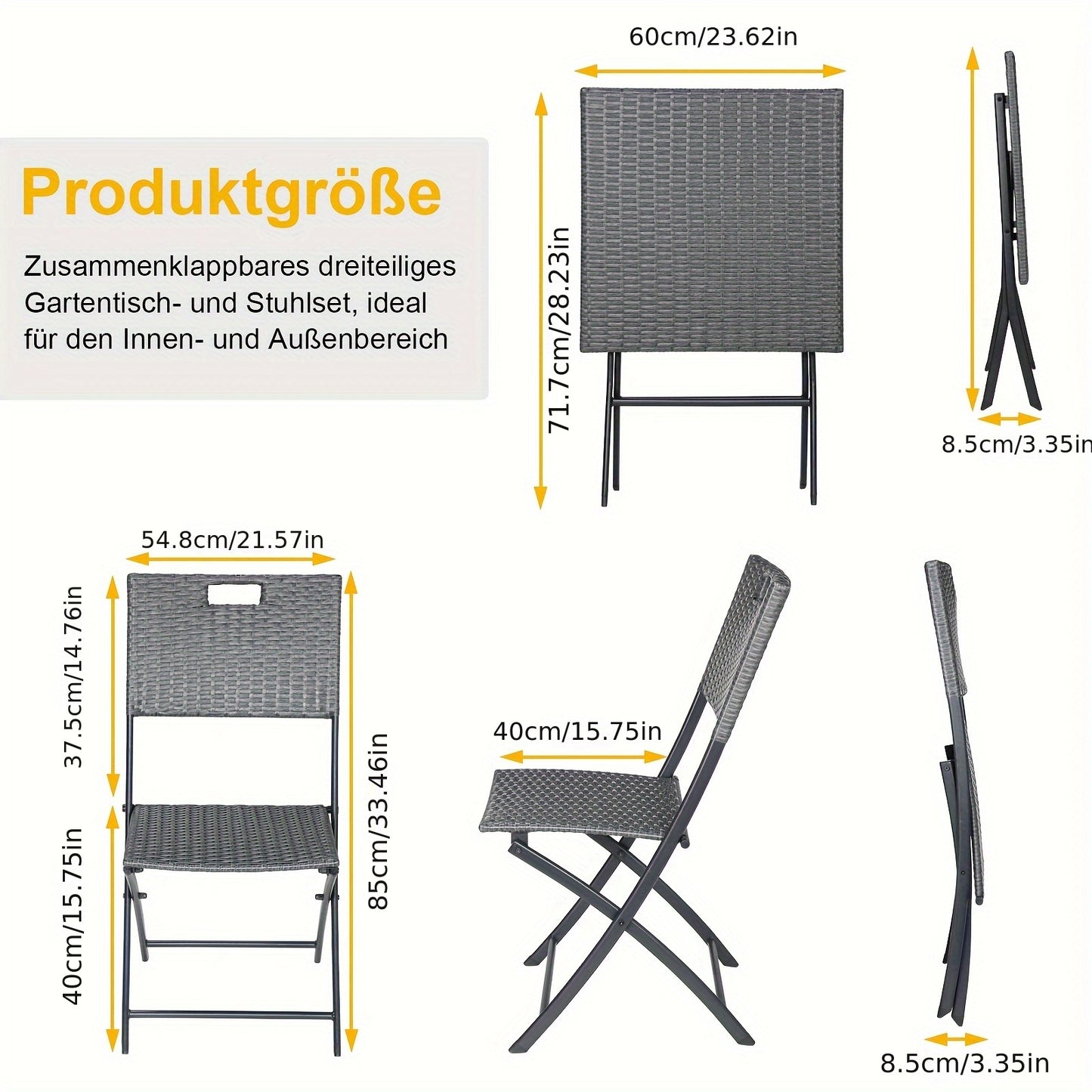 3-delige Tuinset – Balkonmeubel Set – Rattan Bistro Set – Opvouwbare Tafel En Stoelen – Lichtgewicht Outdoor Meubilair – Ideaal Voor Terras En Tuin – Compact En Handzaam