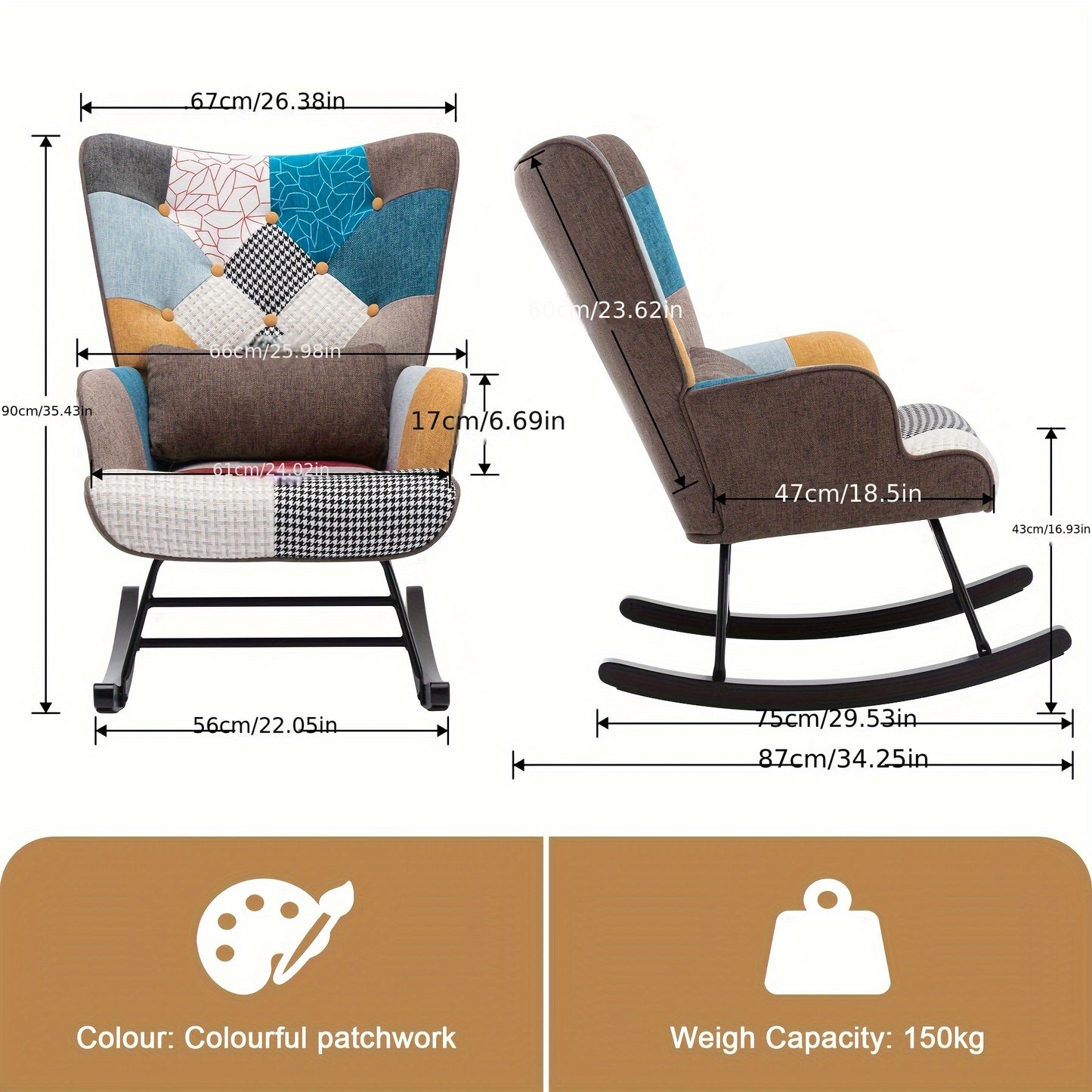 Schommelstoel – Schommelstoel Lounge – Fauteuil – Relaxstoel – Woonkamerstoel – Patchwork Stof – Met Metalen Frame En Houten Basis