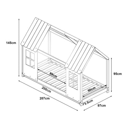 Kinderbed – Halfopen Huisbed – Huisvormig Bed – Kinderbed Frame – Bed Voor Kinderen – 90x200 cm Wood/Wit – Massief Dennenhout – Sfeervolle Decoratieve Ramen