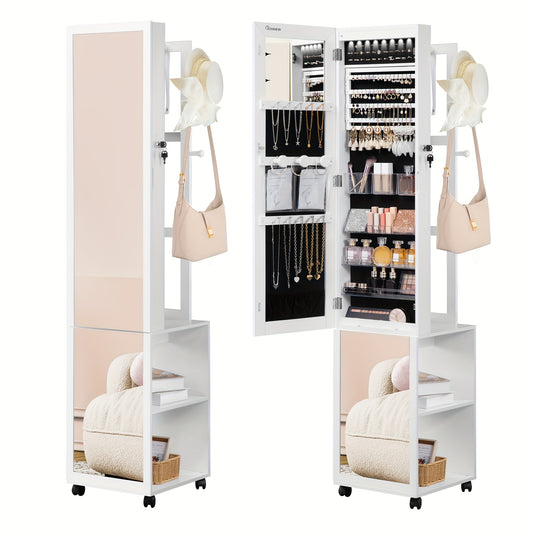 8 LED Mirror Jewelry Cabinet Armoire with Lockable Full-Length Mirror, 4-Wheel Mobile Storage Organizer with Hooks & Garment Rack - 5-in-1 Multi-Purpose Jewelry, Jewelry Armoires - QUORE