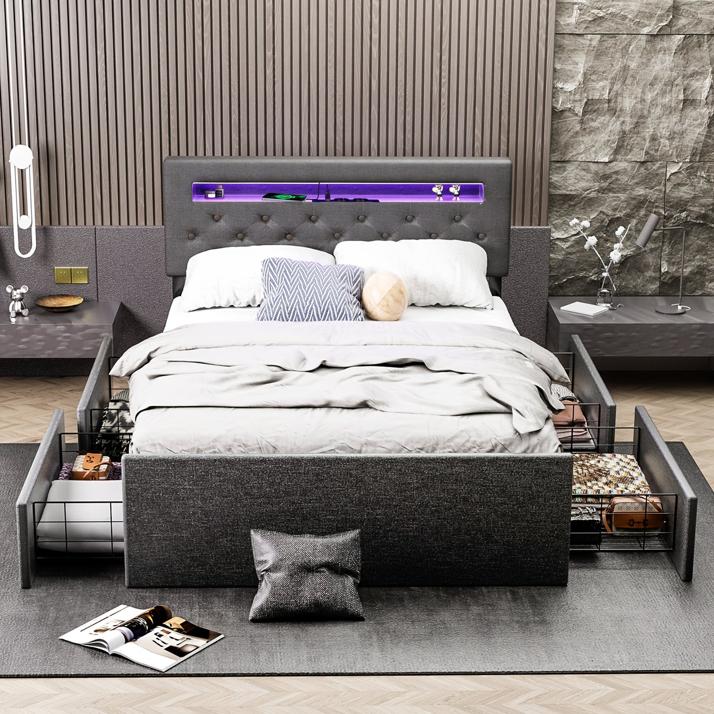 Bedframe – Bed – Ledikant – Slaapbed – Opbergbed – Modern Design – 4 Ruime Opberglades – Stofbekleding Grijs Linnen