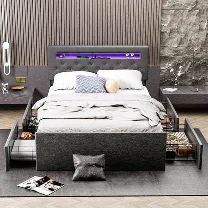 Bedframe – Bed – Ledikant – Slaapbed – Opbergbed – Modern Design – 4 Ruime Opberglades – Stofbekleding Grijs Linnen