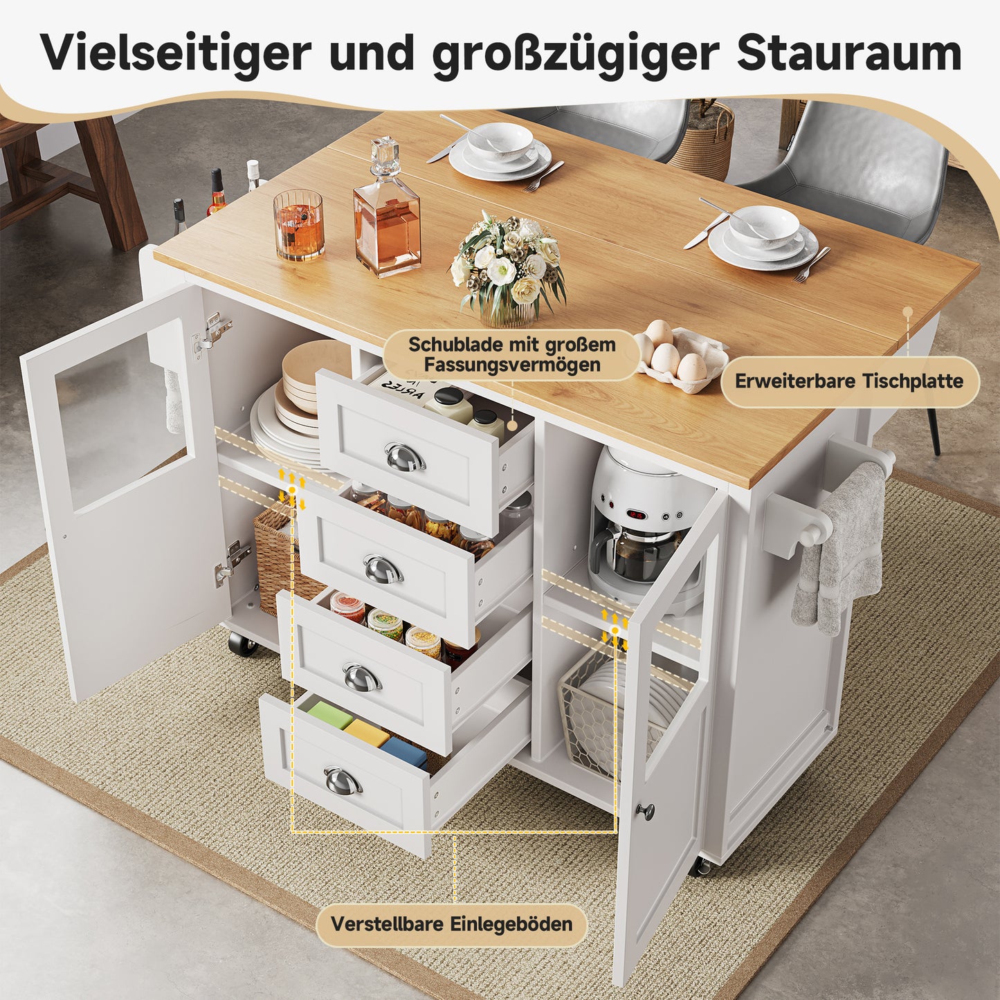Keukeneiland Op Wielen – Keukenwagen – Buffetkast – Werkplek – Opbergmeubel – Inklapbaar Werkblad – 4 Lades en 2 Deuren – Verstelbare Planken – Handdoek- En Kruidenhouder – Wit