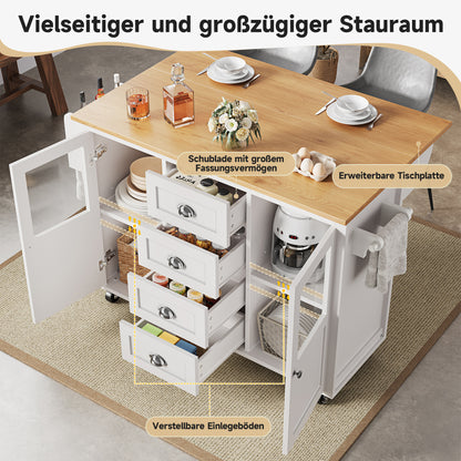 Keukeneiland Op Wielen – Keukenwagen – Buffetkast – Werkplek – Opbergmeubel – Inklapbaar Werkblad – 4 Lades en 2 Deuren – Verstelbare Planken – Handdoek- En Kruidenhouder – Wit