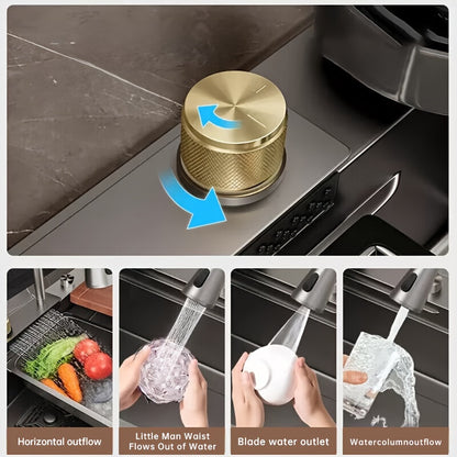 80×45cm Contemporary Rectangular Stainless Steel Kitchen Sink, Flying Rain Waterfall Effect, Right Side Draining with Pull-Down Tap and Cutting Board & Glass Rack Included Multiple Accessories Easy Installation Suitable for