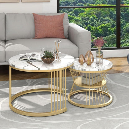 Ronde Salontafel Set – Bijzettafel – Koffietafel – Nestbare Tafels – Modern – Marmerlook – Hoogwaardig MDF – Verstelbare Pootdopjes
