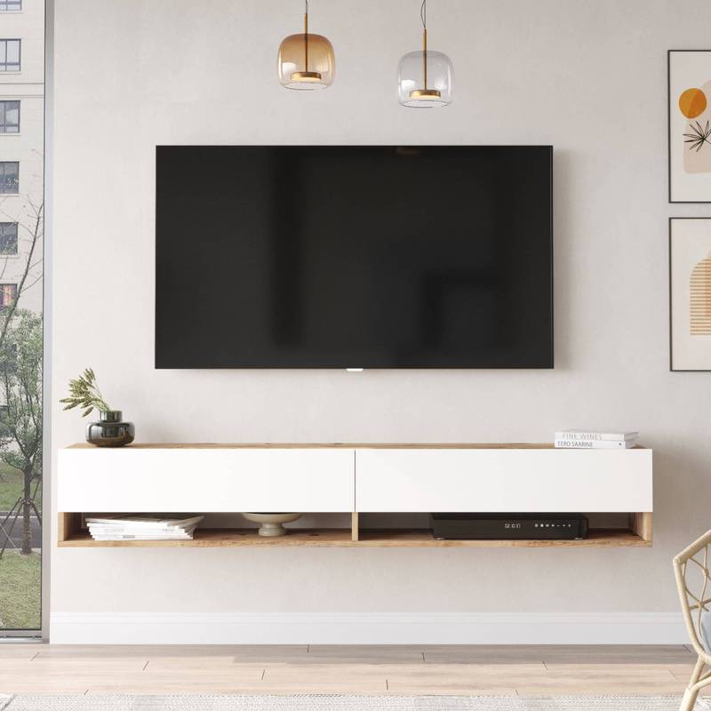 tv meubel – tv kast – tv dressoir – tv tafel – media meubel – Zwevend Wandmeubel – Melamine Spaanplaat Rustiek Eiken Wit – 180 cm Breed – 2 Open Vakjes
