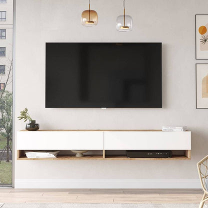 tv meubel – tv kast – tv dressoir – tv tafel – media meubel – Zwevend Wandmeubel – Melamine Spaanplaat Rustiek Eiken Wit – 180 cm Breed – 2 Open Vakjes