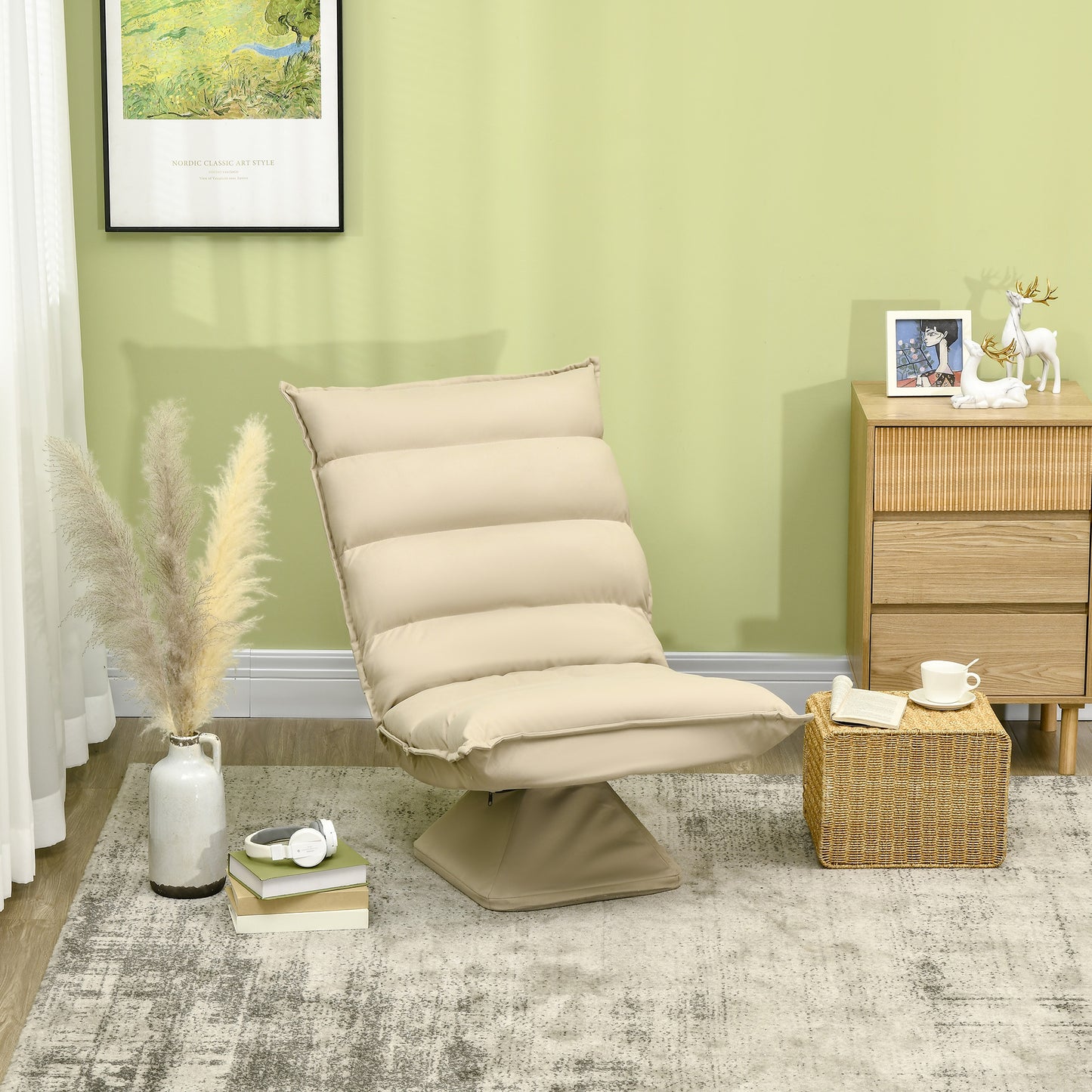 Vloerkruikstoel – Vloerstoel – Lounger – Fauteuil – Relaxstoel – Verstelbare Rugleuning 120° – 360° Draaibaar – Beige Microfiber