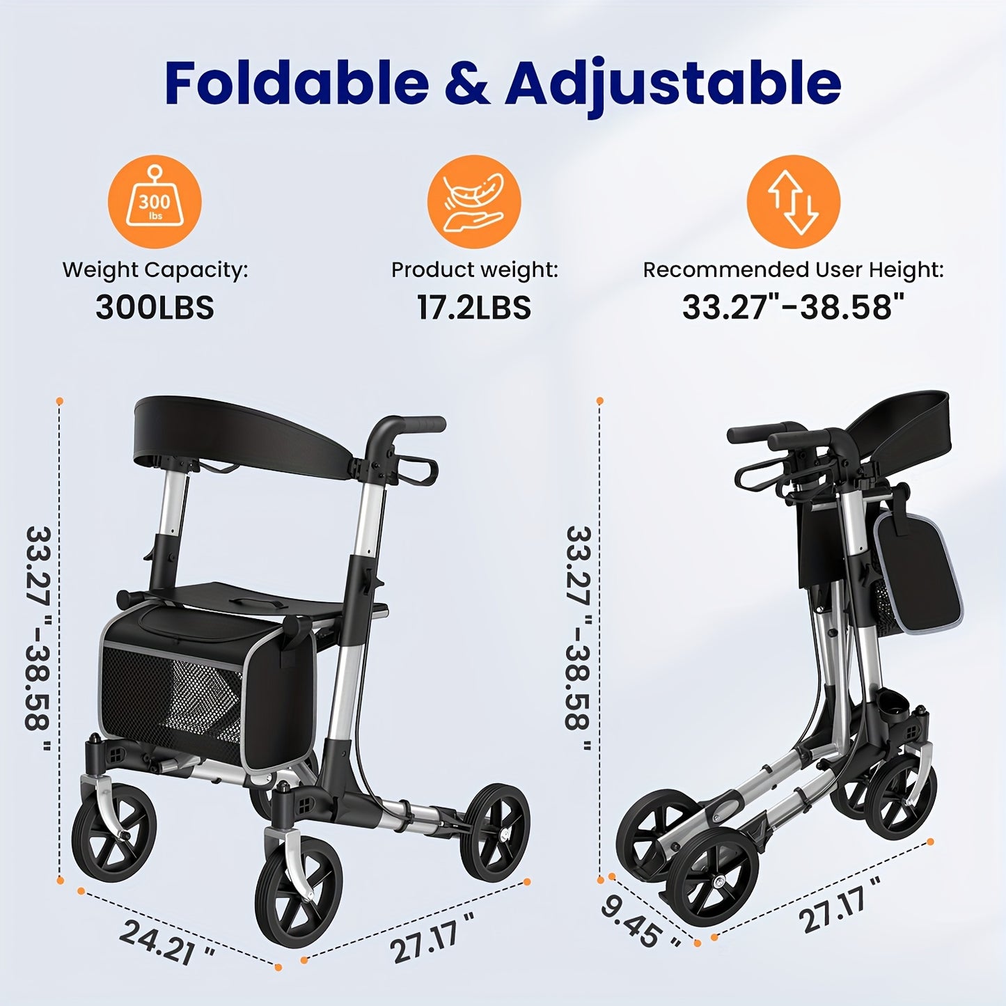 Rollator – Looprek – Wandelwagen – Mobiliteitshulpmiddel – Rollatorstoel – Opvouwbaar – Aluminium Frame – Grote 20,32 cm Wielen