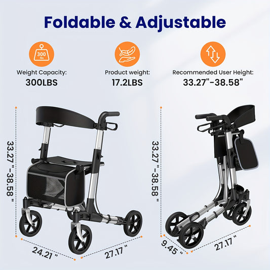 Rollator – Looprek – Wandelwagen – Mobiliteitshulpmiddel – Rollatorstoel – Opvouwbaar – Aluminium Frame – Grote 20,32 cm Wielen