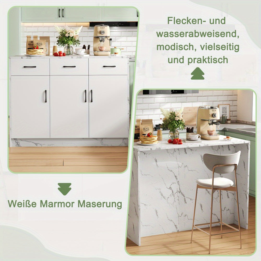 Large White Marble Kitchen Island with 3 Drawers & 3 Doors, Adjustable Shelves & Silent Closing Mechanism - Heavy-Duty Metal Construction, Marble Countertop, Bar Height Design, 120x60x90.5cm - Modern Floor-Standing Storage Ca