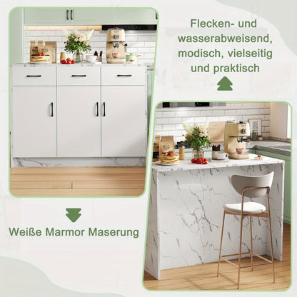 Large White Marble Kitchen Island with 3 Drawers & 3 Doors, Adjustable Shelves & Silent Closing Mechanism - Heavy-Duty Metal Construction, Marble Countertop, Bar Height Design, 120x60x90.5cm - Modern Floor-Standing Storage Ca
