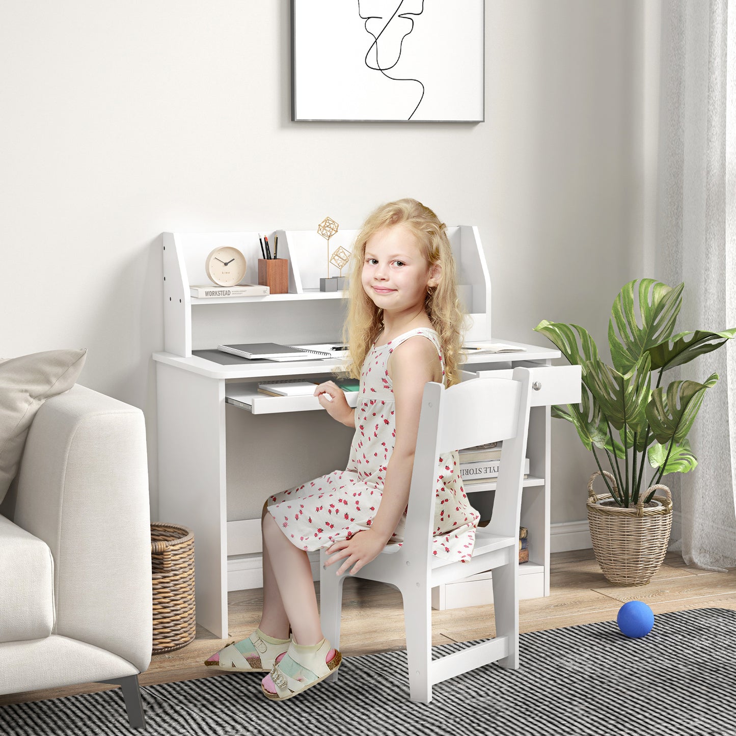 ZONEKIZ Office Set with Desk And Chair for Children Aged 5-8 with Many Storage Compartments, Sliding Tablet, And Drawer Ideal for Writing, Reading, And Drawing, White
