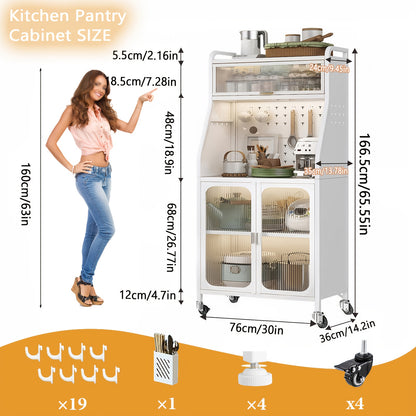 Keukenkast – Buffetkast – Hoge Kast – Opbergkast – Keukenmeubel – Met Wieltjes – Verstelbare Planken – Metaal Wit 86 cm Hoog