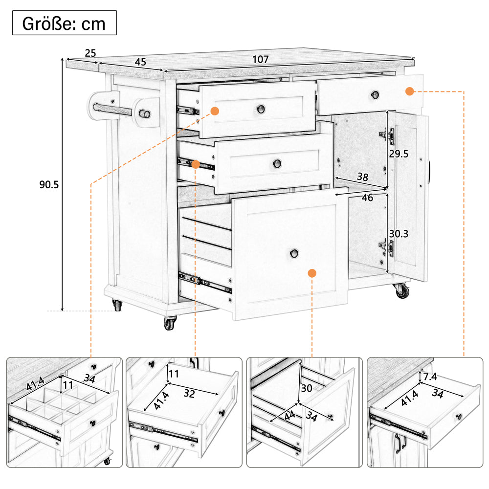 Mobile Kitchen Island with Extendable Table & Rolling Cart - White Heavy-Duty Multi-Functional Cart with Storage Drawers, Expandable Dining Table, Space-Saving Suitable, Dining Room, RV, Apartment