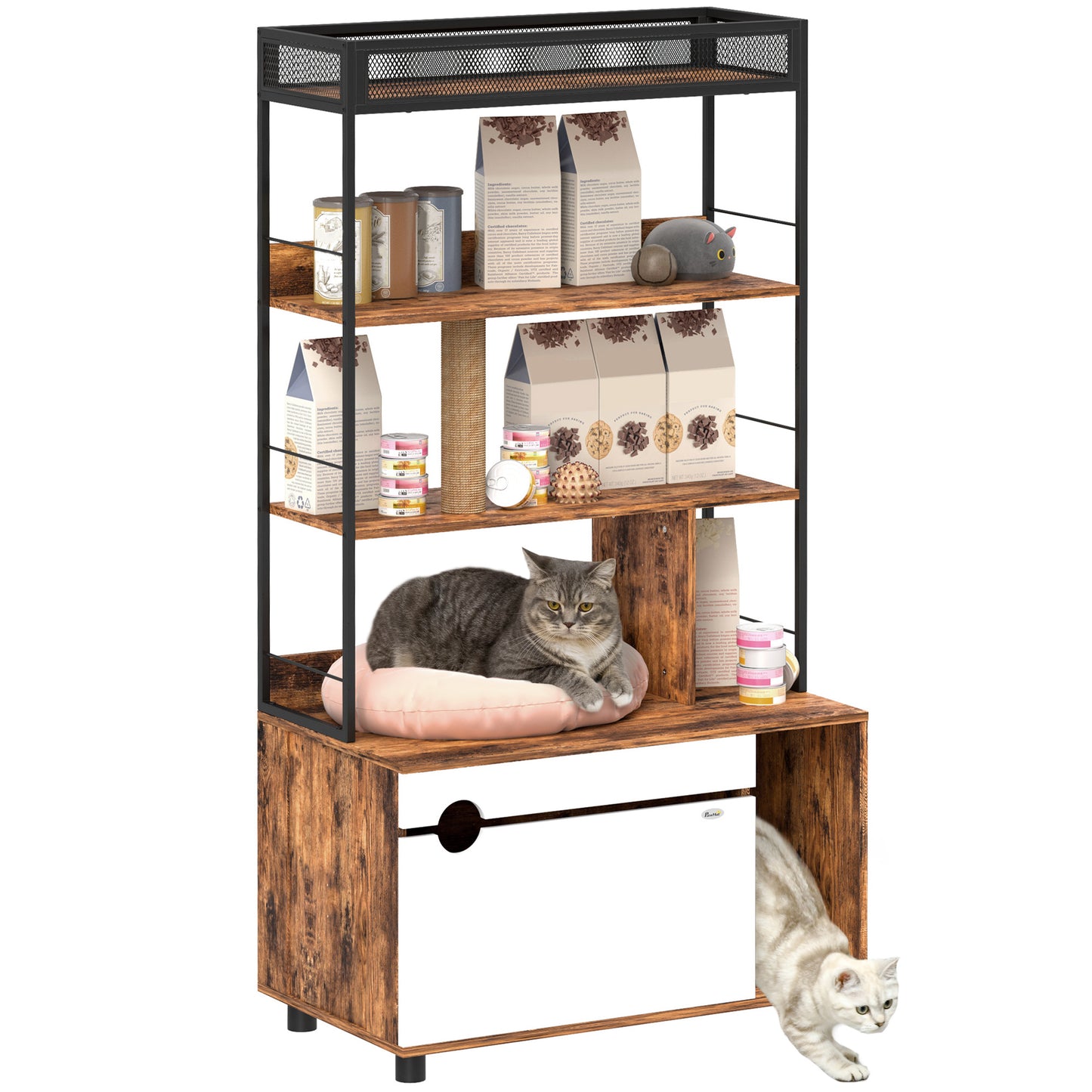 Kattenbakmeubel – Kattenbakkast – Kattenhuis – Kattentoilet – Kattenbakverstopper – Multifunctioneel 2-in-1 Design – Ruime Opbergruimte & Geïntegreerde Krabpaal – 80x48x152 cm – Rustiek Bruin