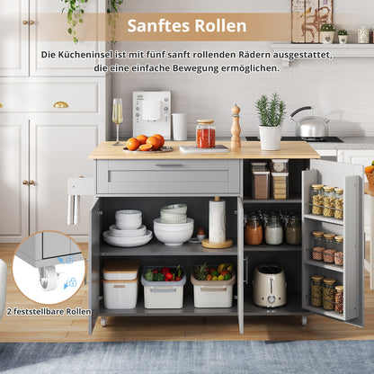 Keukenwagen – Keukenkar – Servierwagen – Mobiele Keukentrolley – Keukenmeubel – Uitklapbaar Werkblad – 5 Wielen Met Rem – Grijs Met Eikenlook