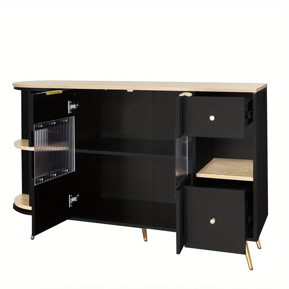 Dressoir – Opbergkast – Ladekast – Buffetkast – Wandkast – Zwart Met Schuifdeuren Van Glas – Vochtbestendig Niet-Houten Materiaal Met Gouden Accenten
