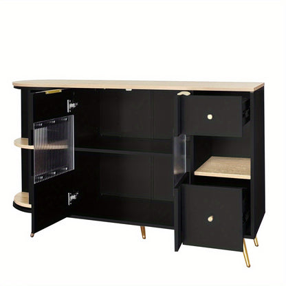 Dressoir – Opbergkast – Ladekast – Buffetkast – Wandkast – Zwart Met Schuifdeuren Van Glas – Vochtbestendig Niet-Houten Materiaal Met Gouden Accenten
