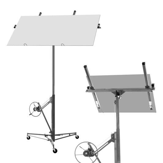 Gipsplaatlift – Drywall Lift – Panelenlift – Plafondlift – Wandplaatlift – Verstelbare Hoogte 180-470 cm – Draagkracht 68 kg – 3-Wiel Systeem Met Rem – Kantelbaar 60° – Opvouwbaar