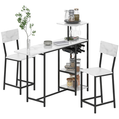 Bartafel Set – Bar Tafel – Statafel – Barkrukken Set – Hoge Tafel – Inklapbaar Tafelblad – Wijnrek Met Glashouders – Wit Marmerlook