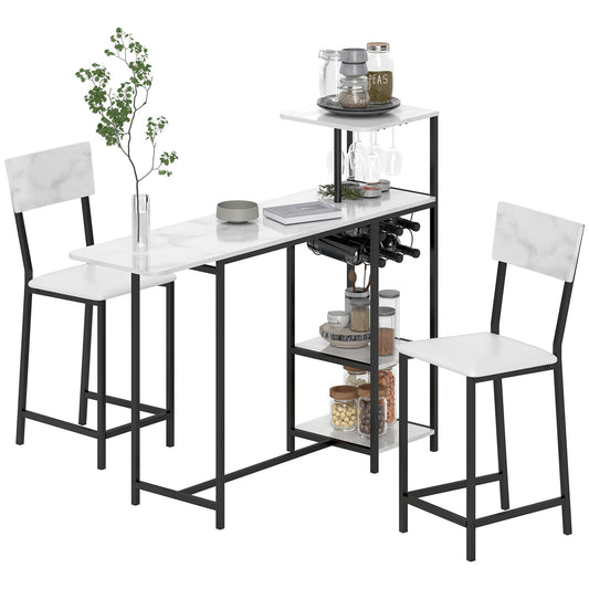 Bartafel Set – Bar Tafel – Statafel – Barkrukken Set – Hoge Tafel – Inklapbaar Tafelblad – Wijnrek Met Glashouders – Wit Marmerlook