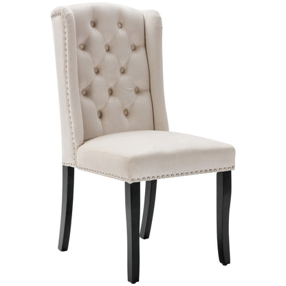 Eetkamerstoel – Dining Stoel – Kuipstoel – Keukenstoel – Fauteuil – Velvet Bekleding – Eikenhouten Poten met Chroom – Nailhead Details – Beige – Set van 2