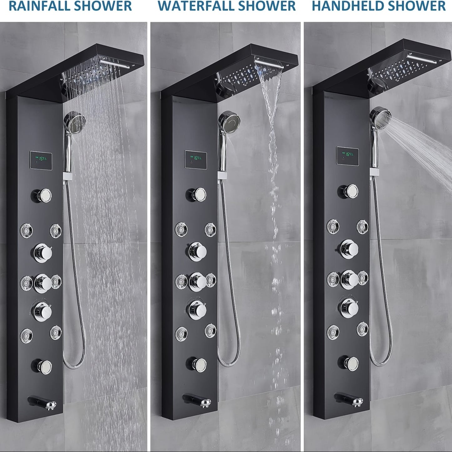 Doucheset – Douchepaneel – Regendouche – Watervaldouche – Handdouche – 6-in-1 Functioneel – RVS Matzwart Met LCD Temperatuurdisplay