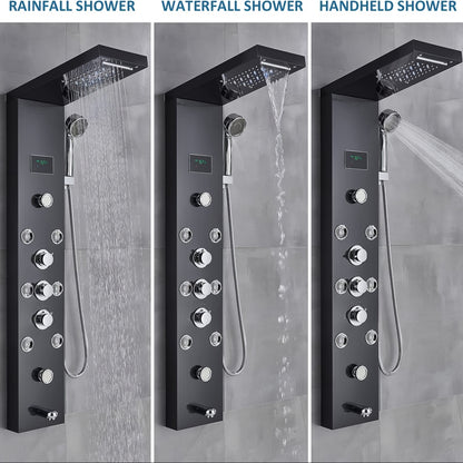 6-in-1 Douchepaneel – Douche Systeem – Regendouche – Massagedouche – Handdouche – Mat Zwart – RVS Staal – LCD Temperatuur Display – Waterval & 8-Standen Massage