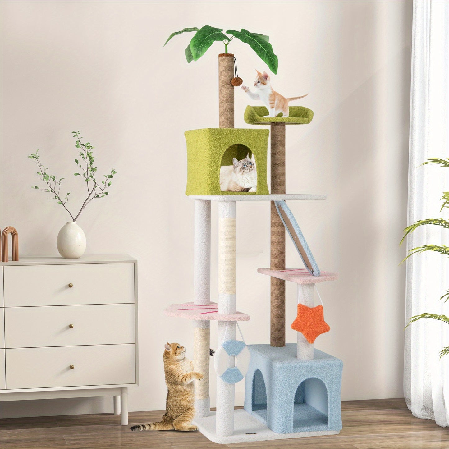 Kattenboom – Krabpaal – Kattenhuis – Klimmeubel – Kattencondo – Strandthema – 180 cm Hoog – Sisal en Jute Krabpalen