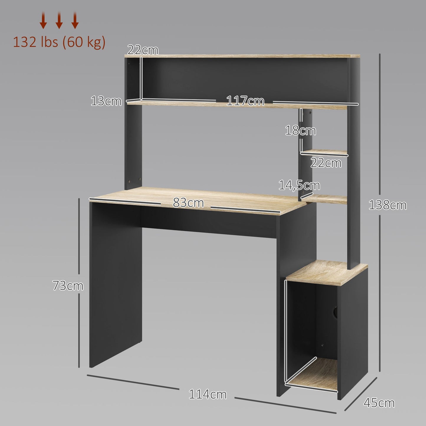 Computertafel – Bureau – Computerbureau – Bureautafel – Werkplek – 114x45x138 cm – Metaal en Spaanplaat – Met Opbergruimte