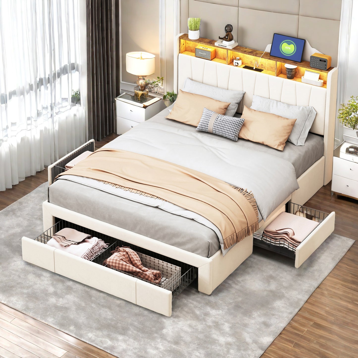 Fluwelen Bed 160x200 – Tweepersoonsbed – Slaapbank – Opbergbed – Led Bed – Met 4 Metalen Lades – Ingebouwde Usb Poorten – Verstelbaar Hoofdeinde