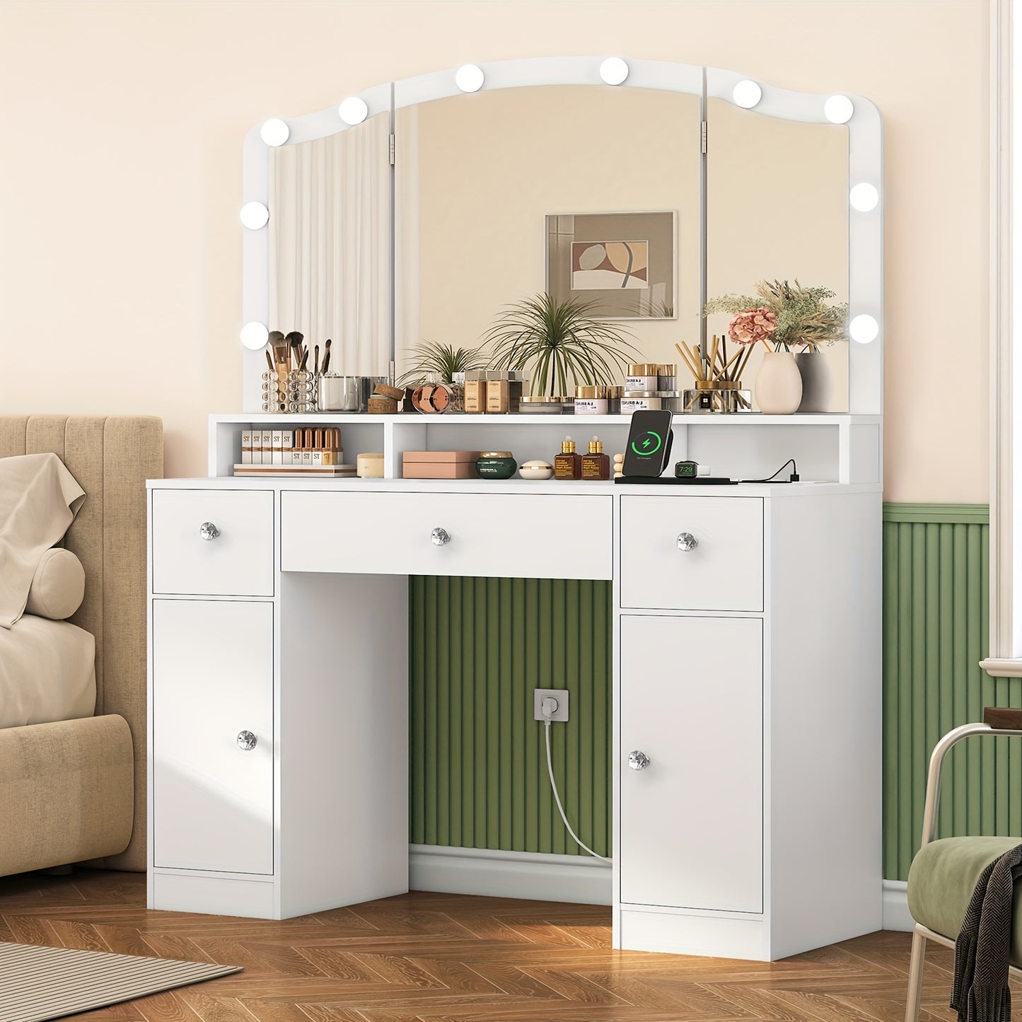 Kaptafel – Make-uptafel – Beautytafel – Toiletmeubel – Dressoir – Wit – Driedelige Vouwspiegel – 10 LED Lampen en Stopcontacten