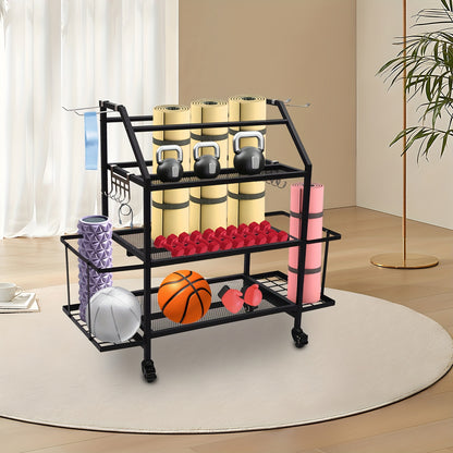 Dumbbellrek – Halterrek – Fitnessrek – Gewichtenrek – Home Gym Organizer – Stalen 3-Laags Rek Met 4 Wielen – Zijhaken Voor Springtouwen en Handdoeken