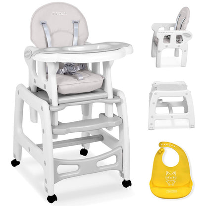 Voedingsstoel – Kinderstoel – Eetstoel – Speeltafel – Schommelstoel – 5-in-1 Multifunctioneel – Verstelbare Rugleuning & 5-Puntsgordel – Mobiel met Remmen - Grijs