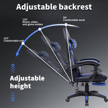 Ergonomische Gamingstoel – Bureaustoel – Gamedraaistoel – Werkstoel – Bureauzetel – Met Verstelbare Voetsteun – 360° Draaibaar Met Hoofdsteun - Blauw