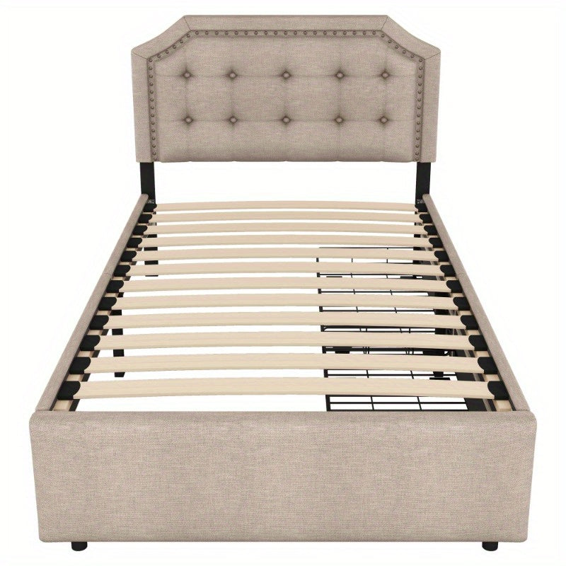 Bedtafel – Nachtkastje – Bedmeubel – Bedzijtafel – Opbergtafel – 90x200 cm – Donker Beige Met Dubbele Lades En Decoratieve Studs